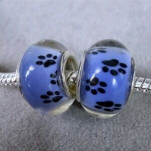 Set of 2 Blue Paw Print Beads fits PANDORA Bracelet Animal Charms
